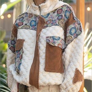557. POL quilted brown blue cream jacket coat mixed jacquard oversized hoodie